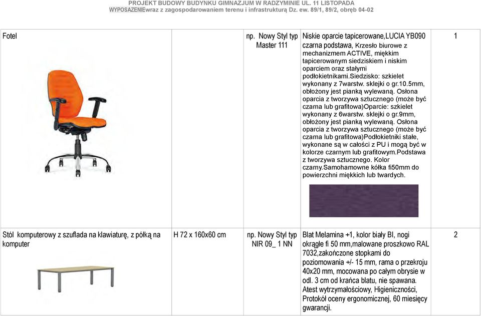 podłokietnikami.siedzisko: szkielet wykonany z 7warstw. sklejki o gr.10.5mm, obłożony jest pianką wylewaną.