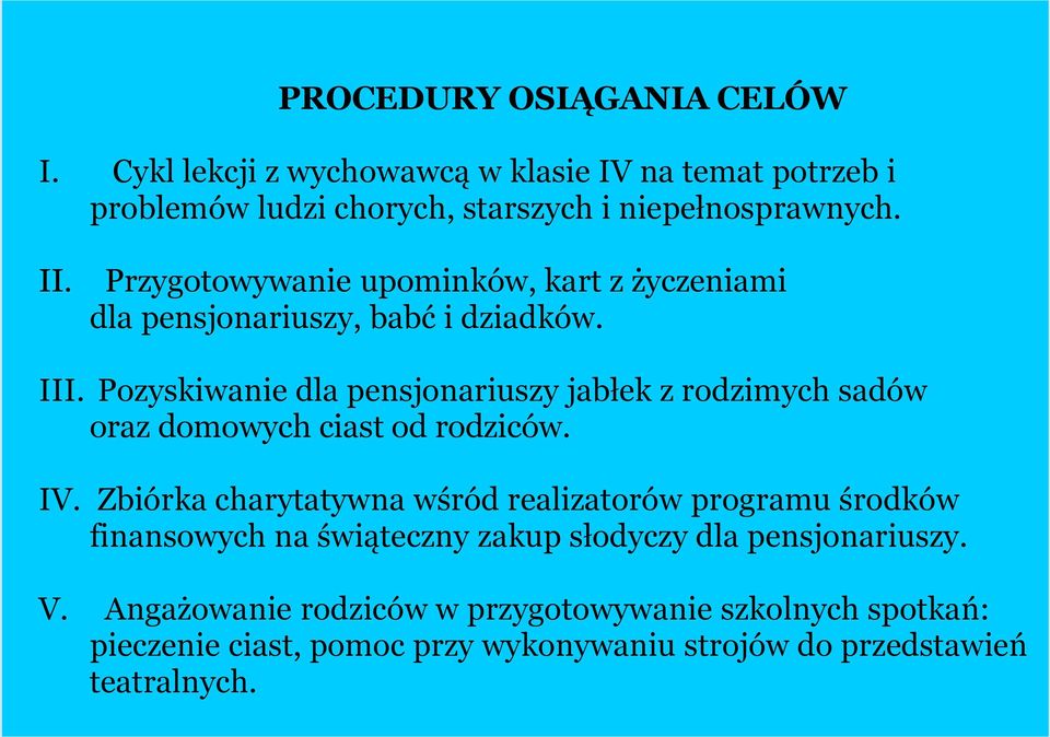 Pozyskiwanie dla pensjonariuszy jabłek z rodzimych sadów oraz domowych ciast od rodziców. IV.