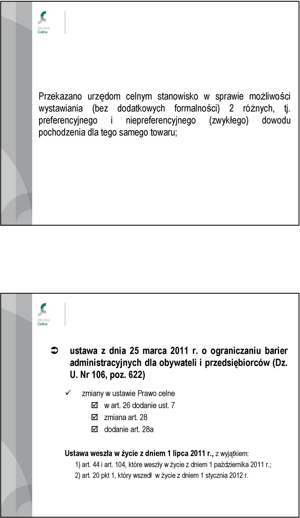 dnia 25 marca 2011 r. o ograniczaniu barier administracyjnych dla obywateli i przedsiębiorców (Dz. U. Nr 106, poz. 622) zmiany w ustawie Prawo celne w art. 26 dodanie ust.