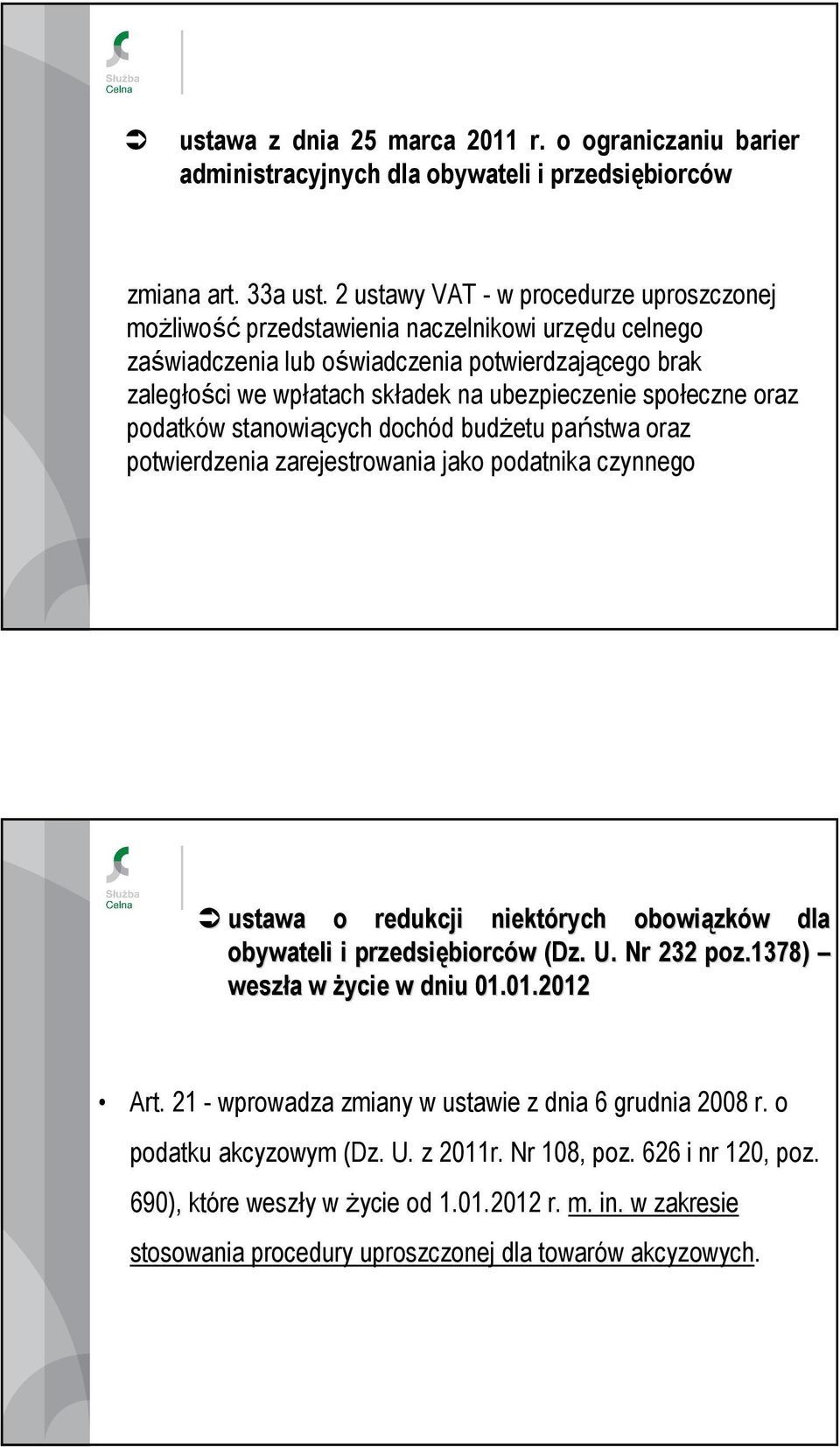 społeczne oraz podatków stanowiących dochód budŝetu państwa oraz potwierdzenia zarejestrowania jako podatnika czynnego Regulacje prawne ustawa o redukcji niektórych obowiązk zków w dla obywateli i