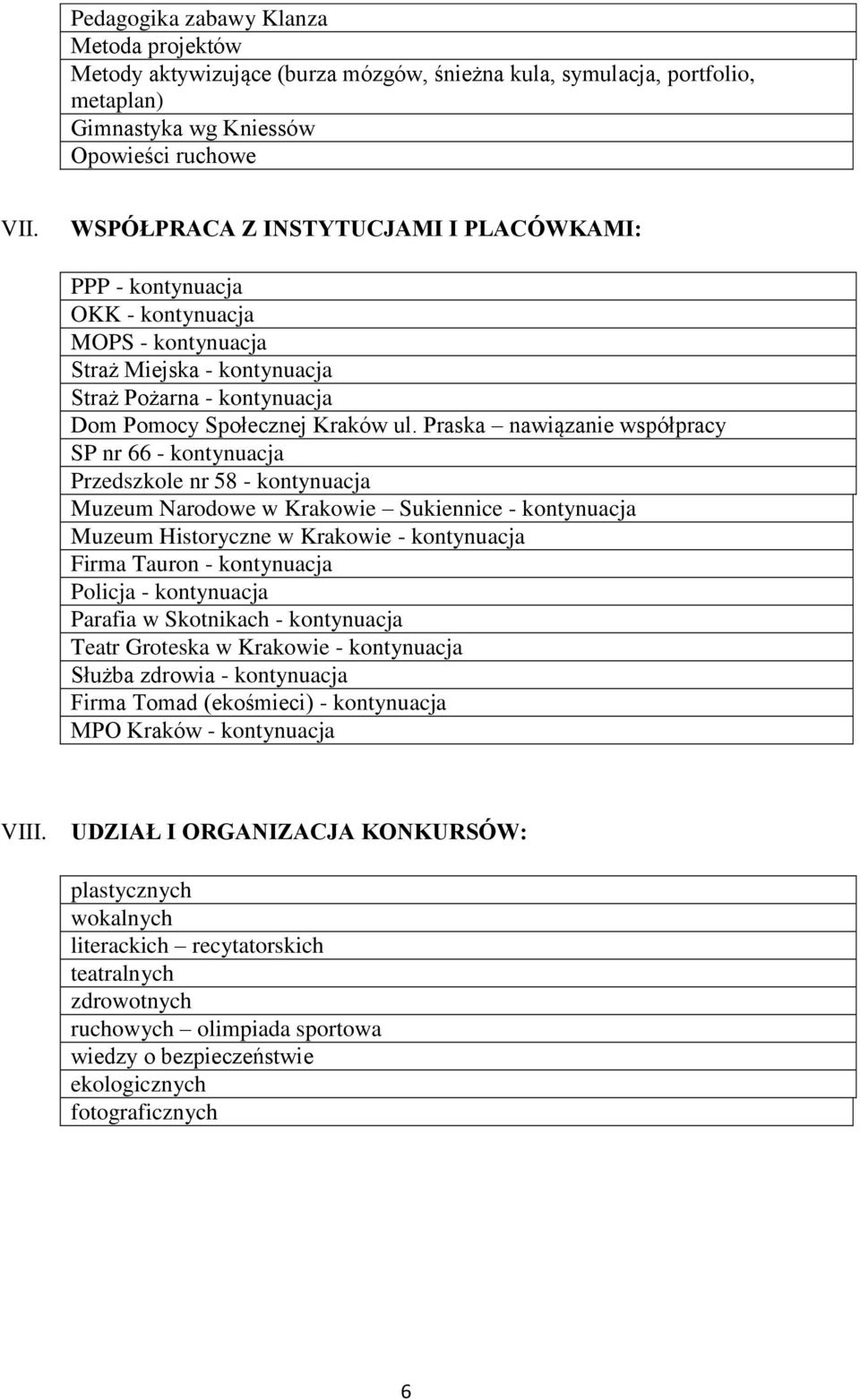 Praska nawiązanie współpracy SP nr 66 - kontynuacja Przedszkole nr 58 - kontynuacja Muzeum Narodowe w Krakowie Sukiennice - kontynuacja Muzeum Historyczne w Krakowie - kontynuacja Firma Tauron -