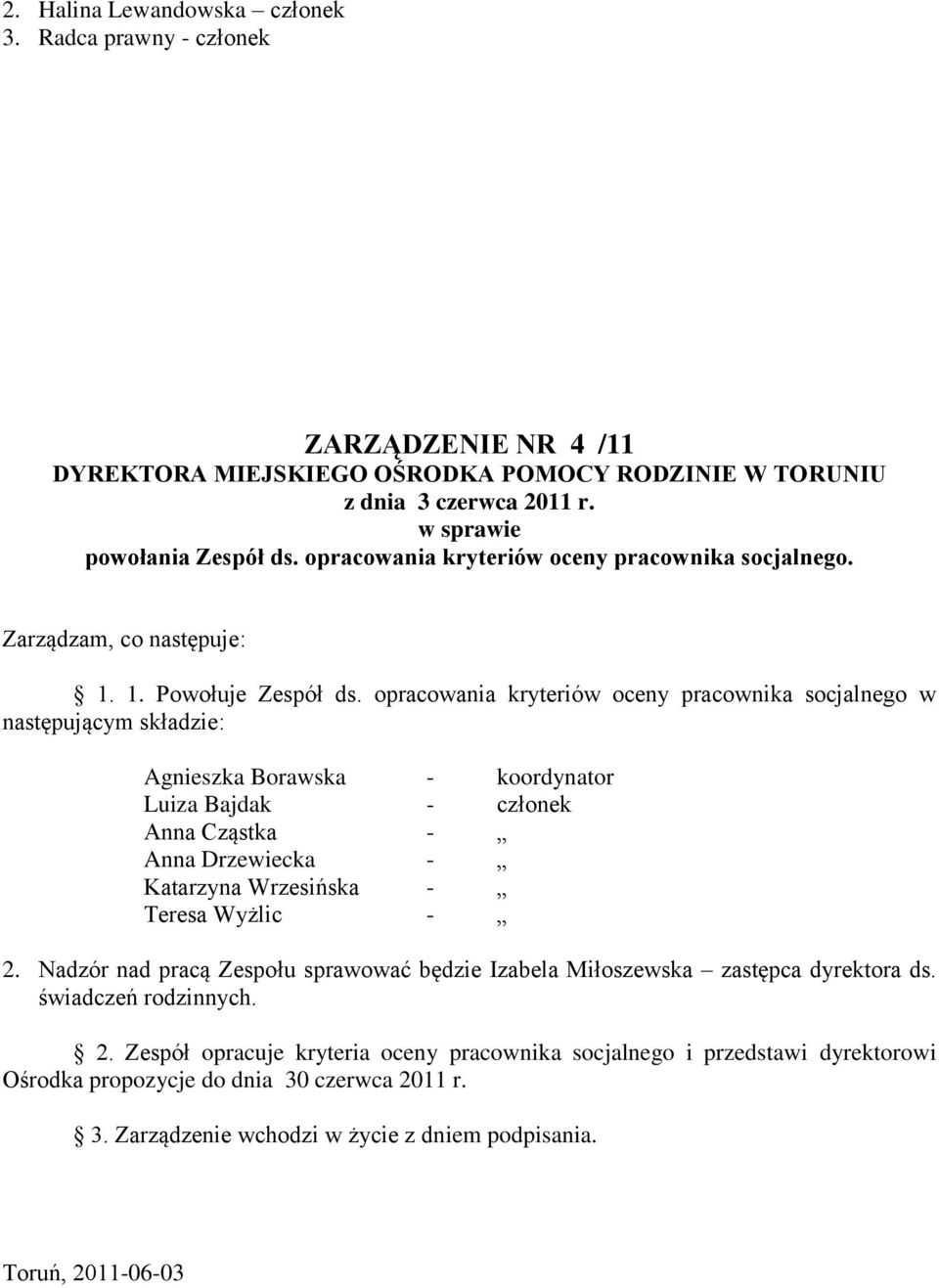 opracowania kryteriów oceny pracownika socjalnego w następującym składzie: Agnieszka Borawska - koordynator Luiza Bajdak - członek Anna Cząstka - Anna Drzewiecka - Katarzyna Wrzesińska - Teresa