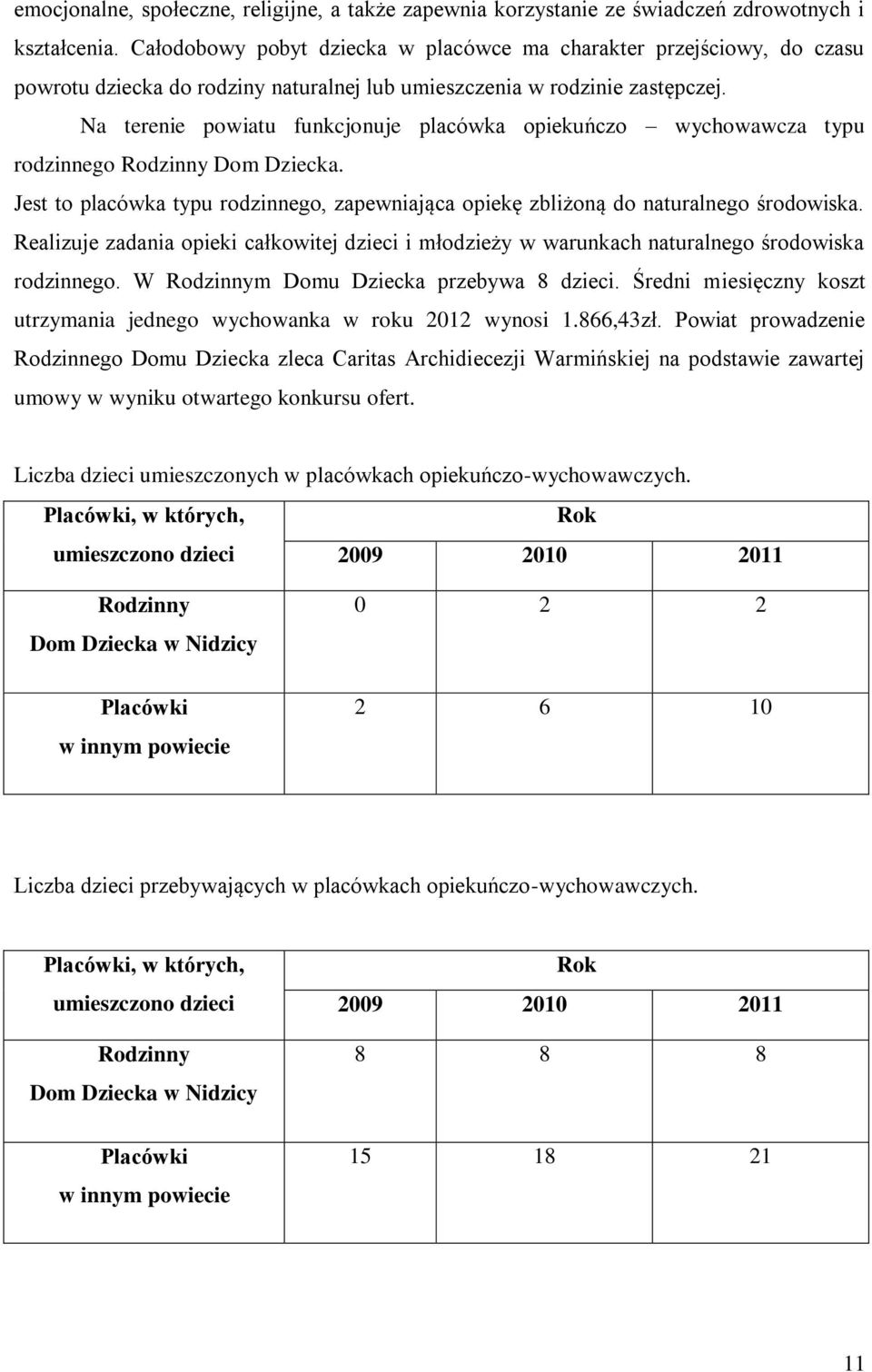 Na terenie powiatu funkcjonuje placówka opiekuńczo wychowawcza typu rodzinnego Rodzinny Dom Dziecka. Jest to placówka typu rodzinnego, zapewniająca opiekę zbliżoną do naturalnego środowiska.