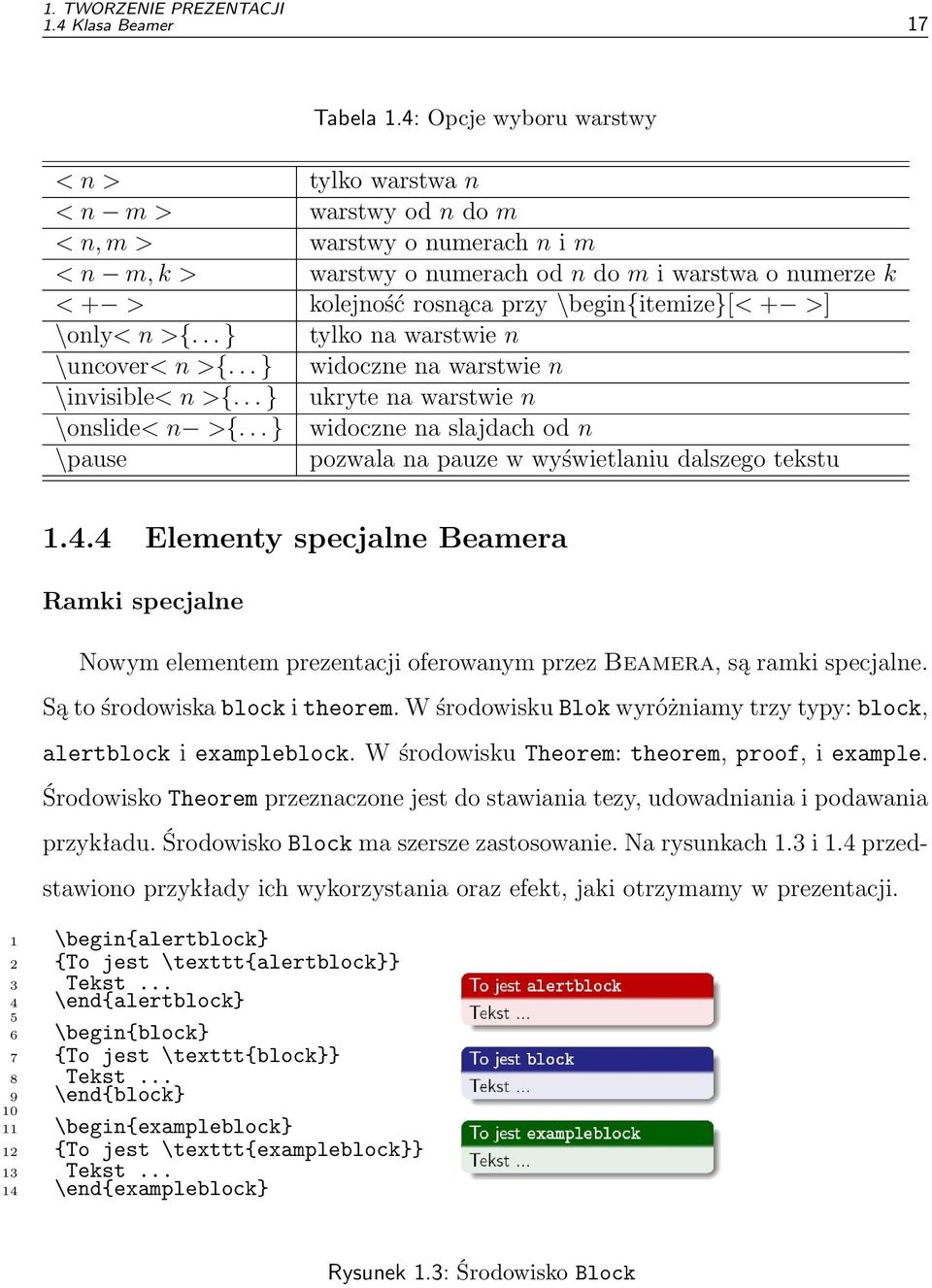 \begin{itemize}[< + >] \only< n >{... } tylko na warstwie n \uncover< n >{... } widoczne na warstwie n \invisible< n >{... } ukryte na warstwie n \onslide< n >{.