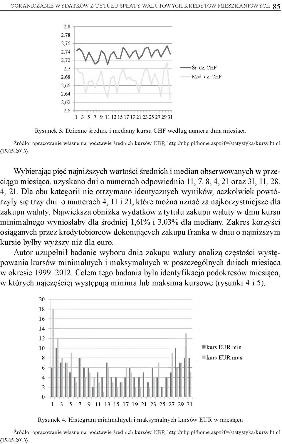 Dzienne średnie i mediany kursu CHF według numeru dnia miesiąca Źródło: opracowanie własne na podstawie średnich kursów NBP, http://nbp.pl/hom e.aspx7fw statystyka/kursy.htm l (15.05.2013).