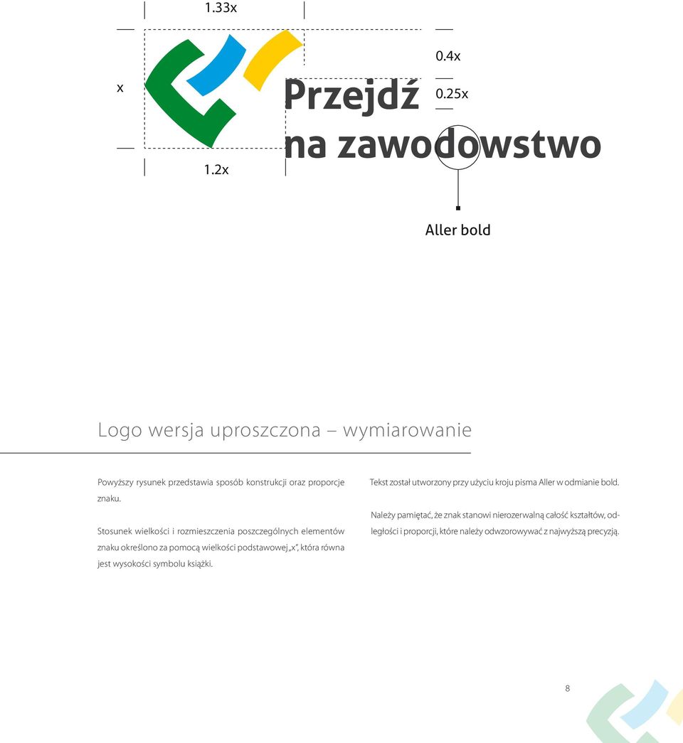 Stosunek wielkości i rozmieszczenia poszczególnych elementów znaku określono za pomocą wielkości podstawowej x, która równa