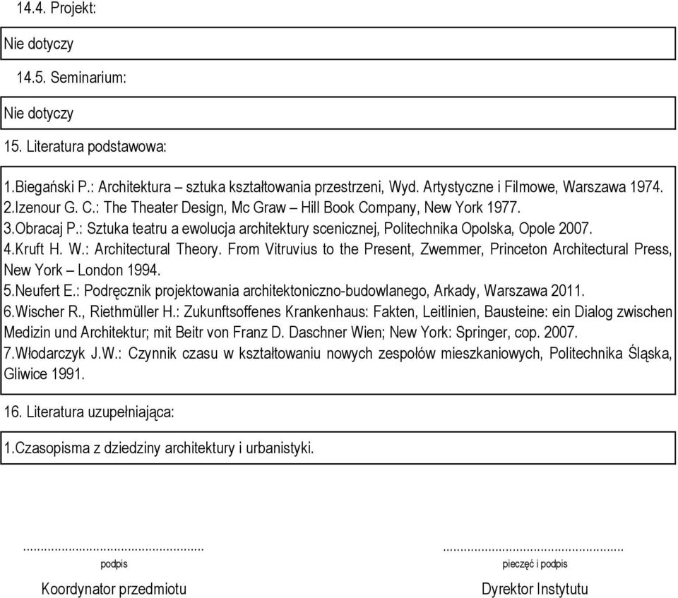 From Vitruvius to the Present, Zwemmer, Princeton Architectural Press, New York London 1994. 5.Neufert E.: Podręcznik projektowania architektoniczno-budowlanego, Arkady, Warszawa 2011. 6.Wischer R.