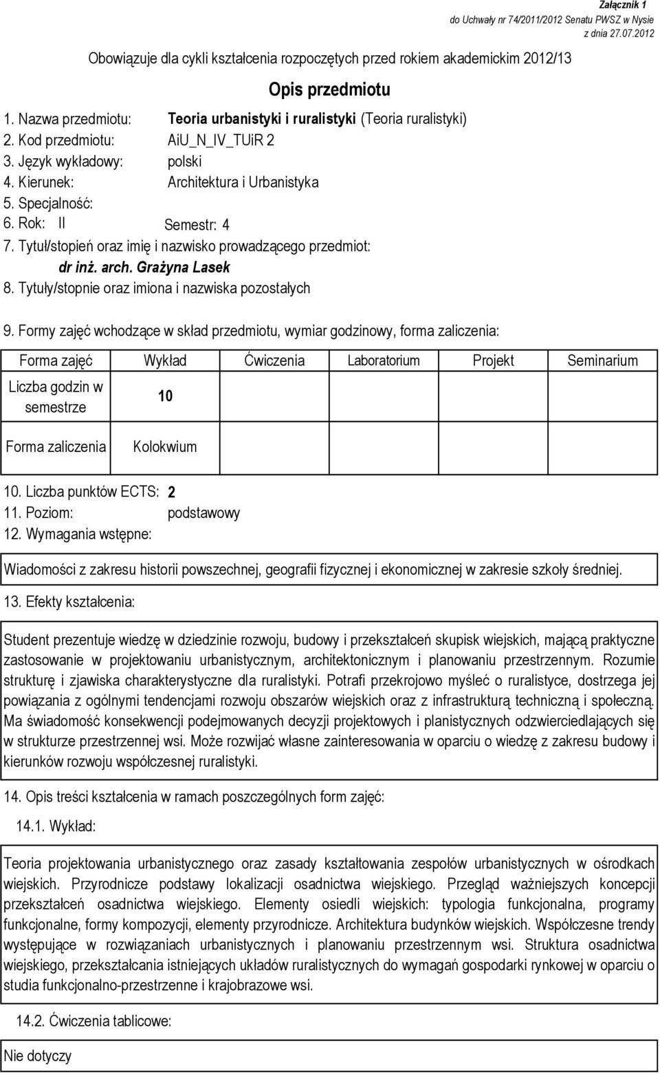 Tytuły/stopnie oraz imiona i nazwiska pozostałych Załącznik 1 do Uchwały nr 74/2011/2012 Senatu PWSZ w Nysie z dnia 27.07.