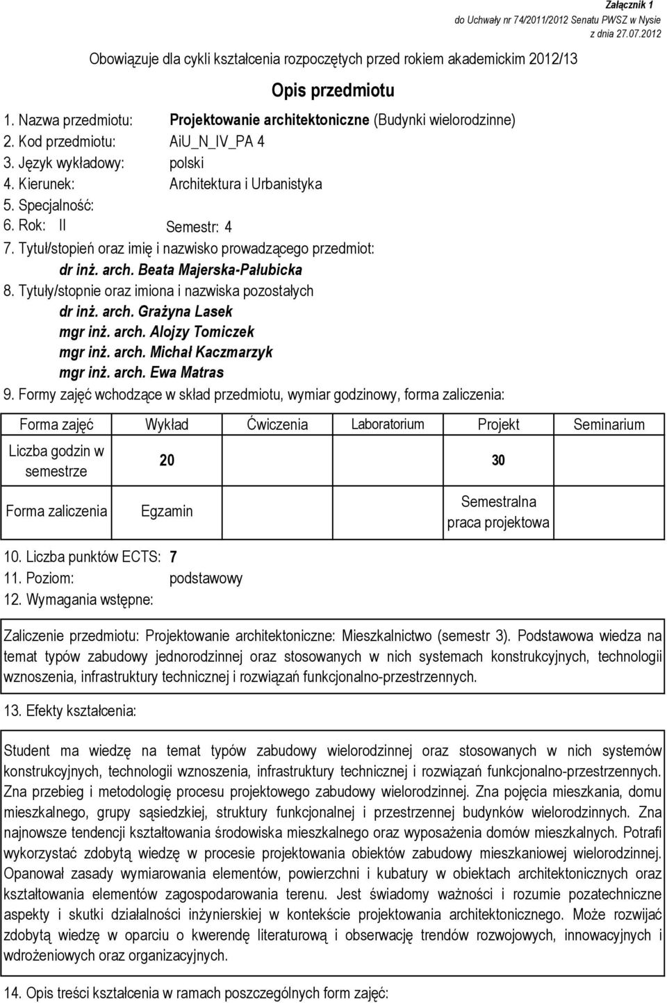 arch. Alojzy Tomiczek mgr inż. arch. Michał Kaczmarzyk mgr inż. arch. Ewa Matras 9. Formy zajęć wchodzące w skład przedmiotu, wymiar godzinowy, forma zaliczenia: 10. Liczba punktów ECTS: 7 11.
