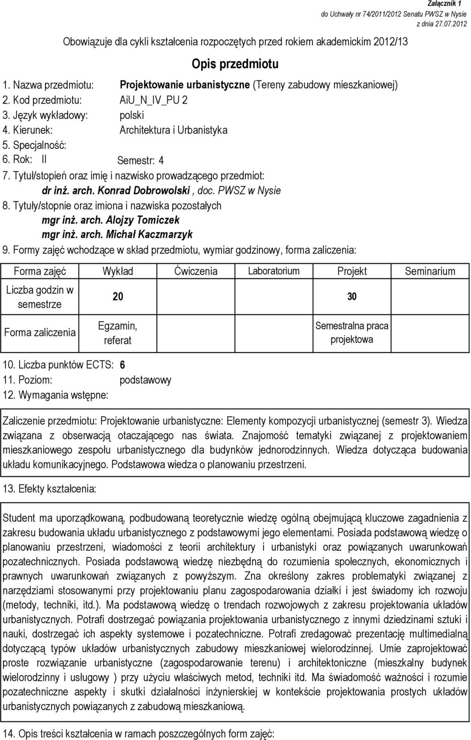 Rok: II Semestr: 4 7. Tytuł/stopień oraz imię i nazwisko prowadzącego przedmiot: dr inż. arch. Konrad Dobrowolski, doc. PWSZ w Nysie 8. Tytuły/stopnie oraz imiona i nazwiska pozostałych mgr inż. arch. Alojzy Tomiczek mgr inż.