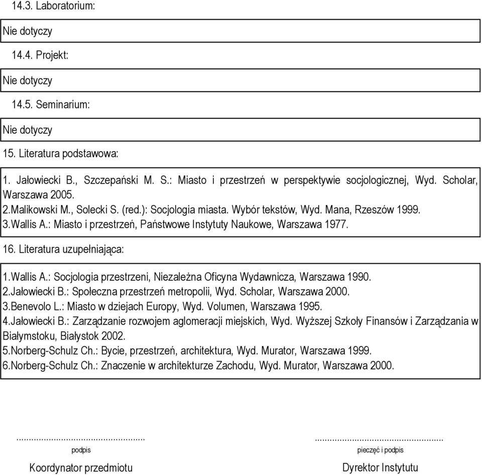 Literatura uzupełniająca: 1.Wallis A.: Socjologia przestrzeni, Niezależna Oficyna Wydawnicza, Warszawa 1990. 2.Jałowiecki B.: Społeczna przestrzeń metropolii, Wyd. Scholar, Warszawa 2000. 3.