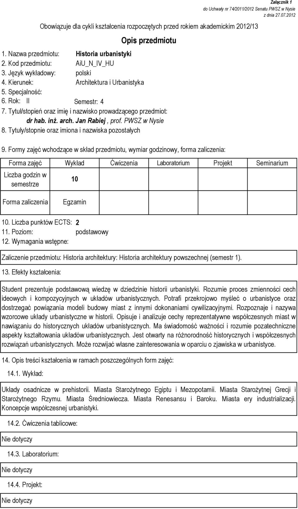 Tytuły/stopnie oraz imiona i nazwiska pozostałych Załącznik 1 do Uchwały nr 74/2011/2012 Senatu PWSZ w Nysie z dnia 27.07.