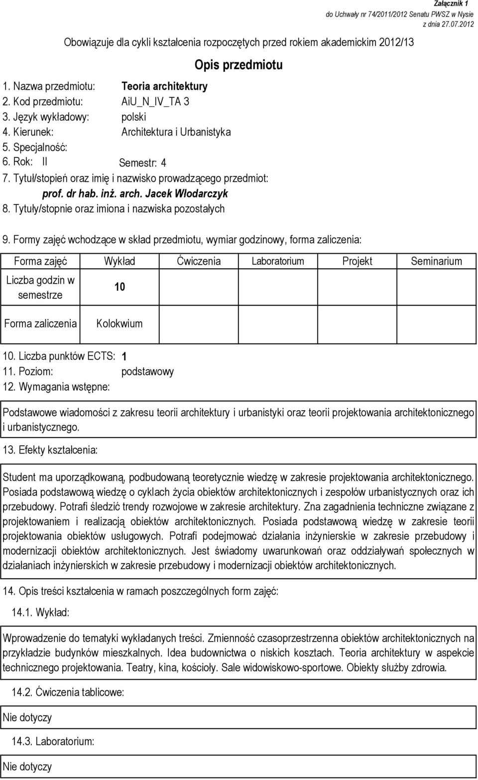 Tytuły/stopnie oraz imiona i nazwiska pozostałych Załącznik 1 do Uchwały nr 74/2011/2012 Senatu PWSZ w Nysie z dnia 27.07.