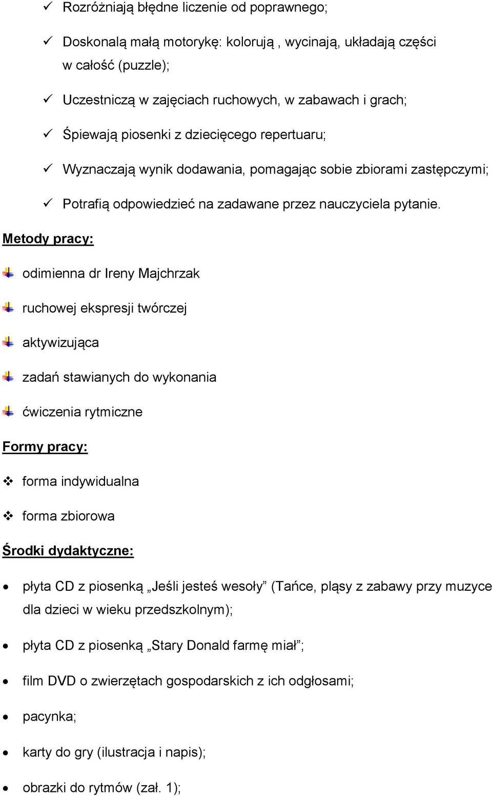 Metody pracy: odimienna dr Ireny Majchrzak ruchowej ekspresji twórczej aktywizująca zadań stawianych do wykonania ćwiczenia rytmiczne Formy pracy: forma indywidualna forma zbiorowa Środki