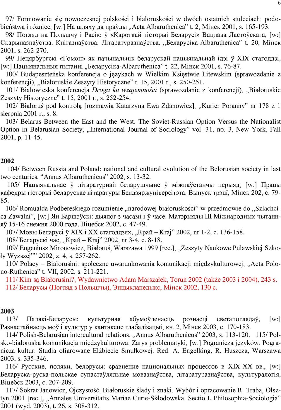 99/ Пецярбургскі «Гомoн» як пачынальнік беларускай нацыянальнай ідэі ў XIX стагоддзі, [w:] Нацыянальныя пытанні Беларусіка-Albaruthenica t. 22, Мінск 2001, s. 76-87.