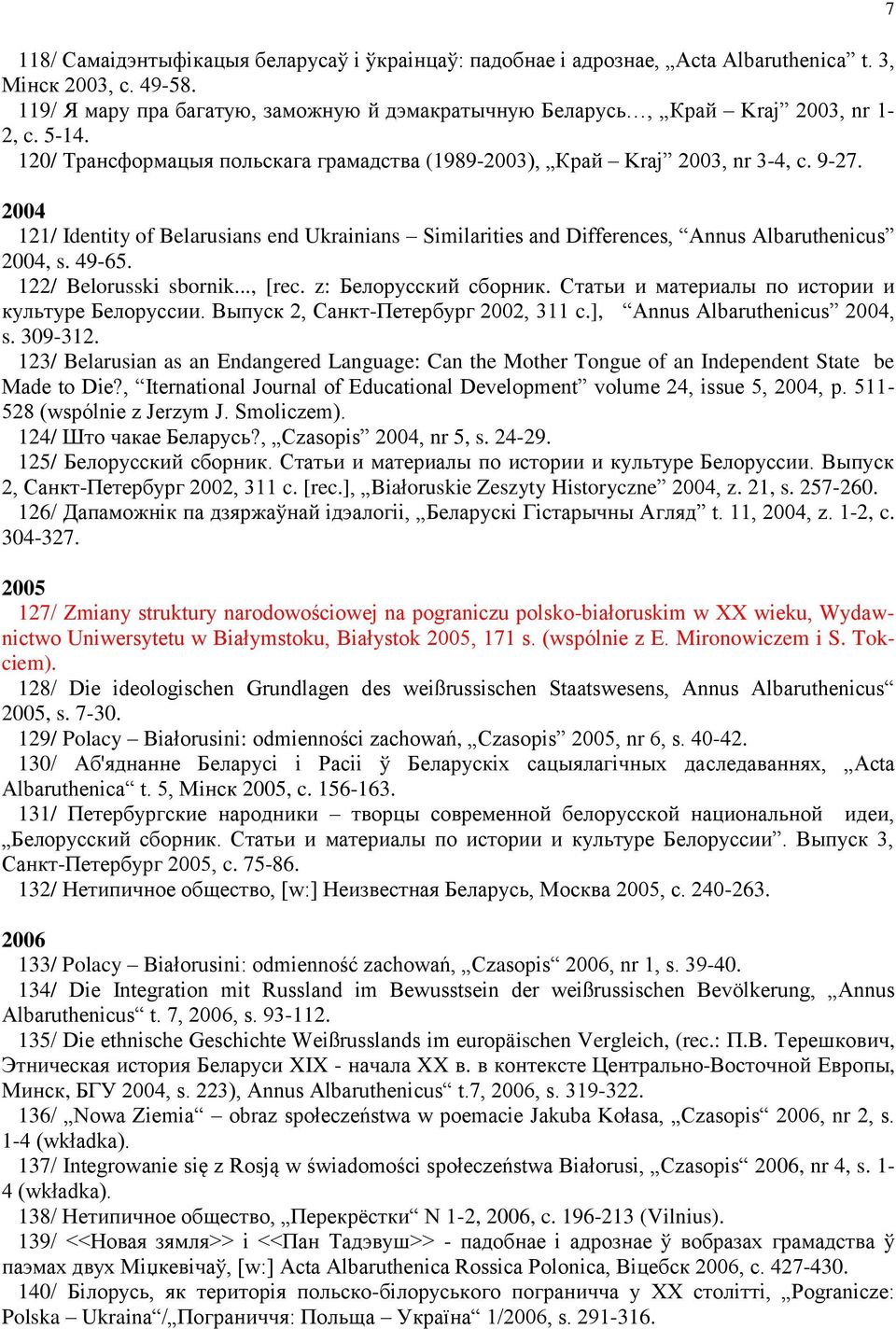 49-65. 122/ Belorusski sbornik..., [rec. z: Белорусский сборник. Статьи и материалы по истории и культуре Белоруссии. Выпуск 2, Санкт-Петербург 2002, 311 c.], Annus Albaruthenicus 2004, s. 309-312.