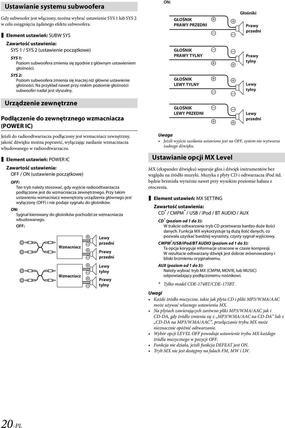 SYS 2: Poziom subwoofera zmienia się inaczej niż główne ustawienie głośności. Na przykład nawet przy niskim poziomie głośności subwoofer nadal jest słyszalny.