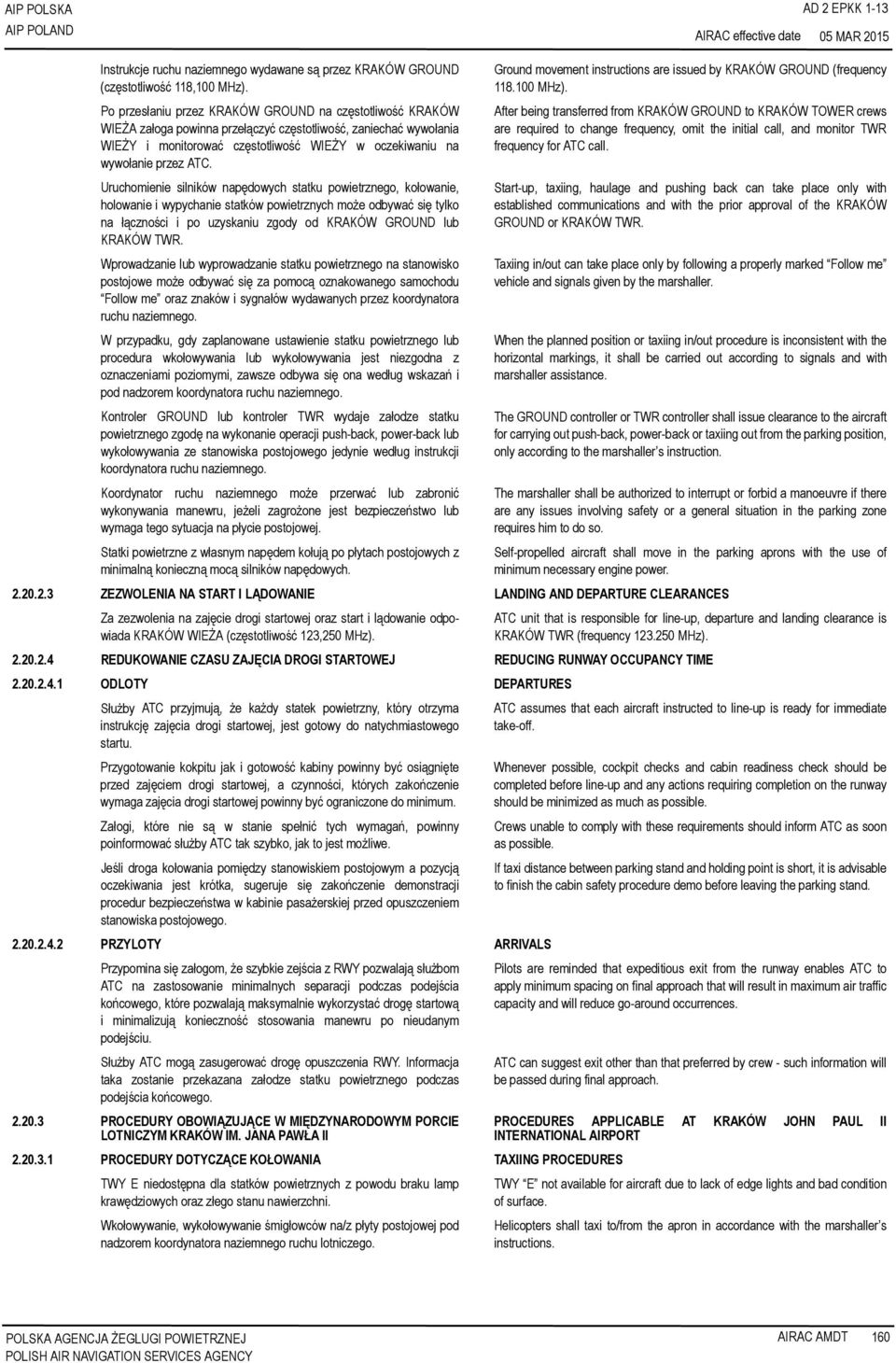 ATC. Uruchomienie silników napędowych statku powietrznego, kołowanie, holowanie i wypychanie statków powietrznych może odbywać się tylko na łączności i po uzyskaniu zgody od KRAKÓW GROUND lub KRAKÓW