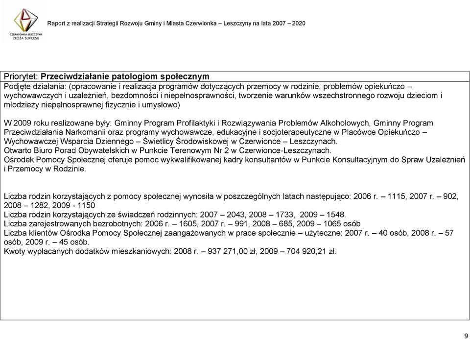 Problemów Alkoholowych, Gminny Program Przeciwdziałania Narkomanii oraz programy wychowawcze, edukacyjne i socjoterapeutyczne w Placówce Opiekuńczo Wychowawczej Wsparcia Dziennego Świetlicy