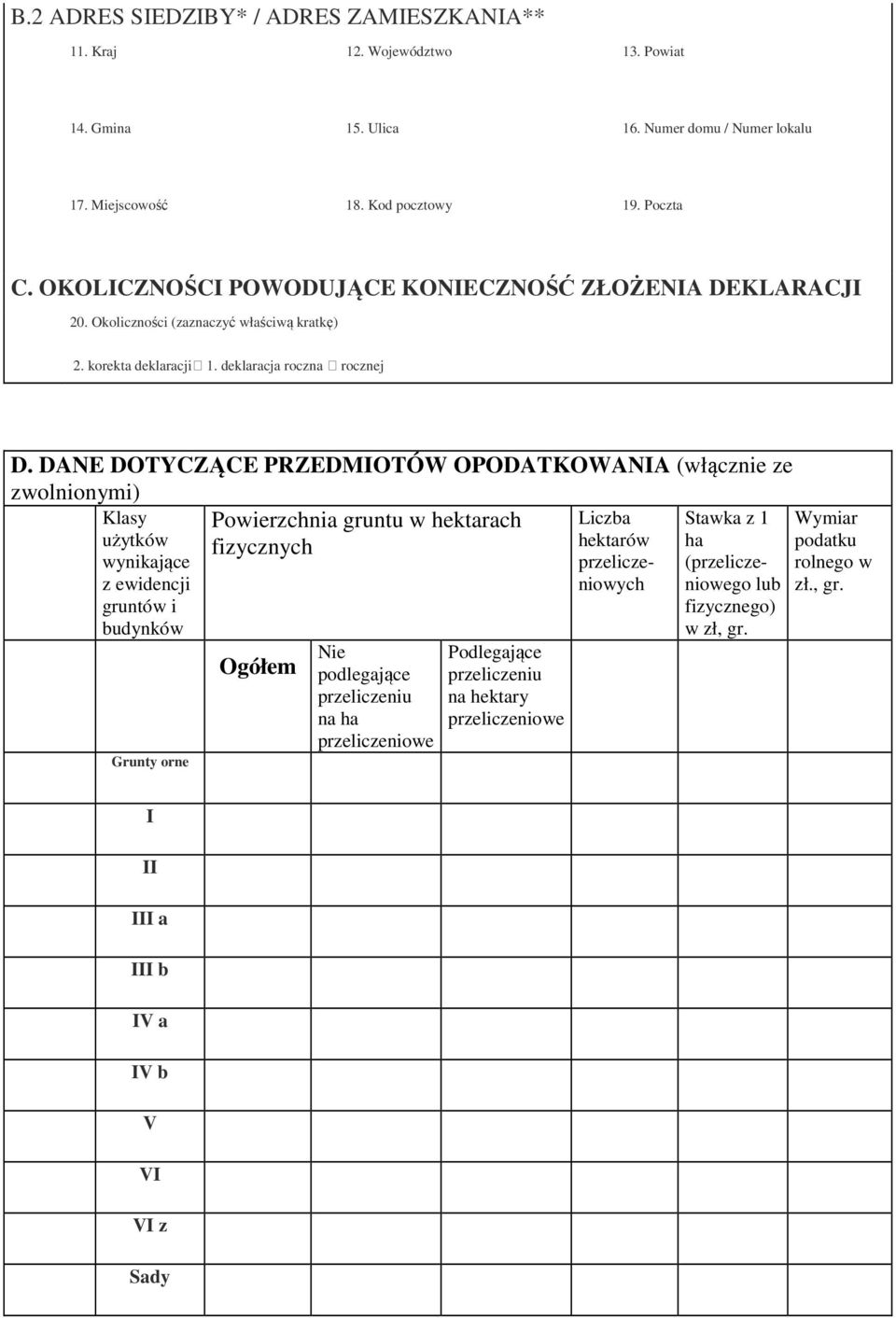 DANE DOTYCZĄCE PRZEDMIOTÓW OPODATKOWANIA (włącznie ze zwolnionymi) Klasy użytków wynikające z ewidencji gruntów i budynków Grunty orne Powierzchnia gruntu w hektarach fizycznych Ogółem Nie