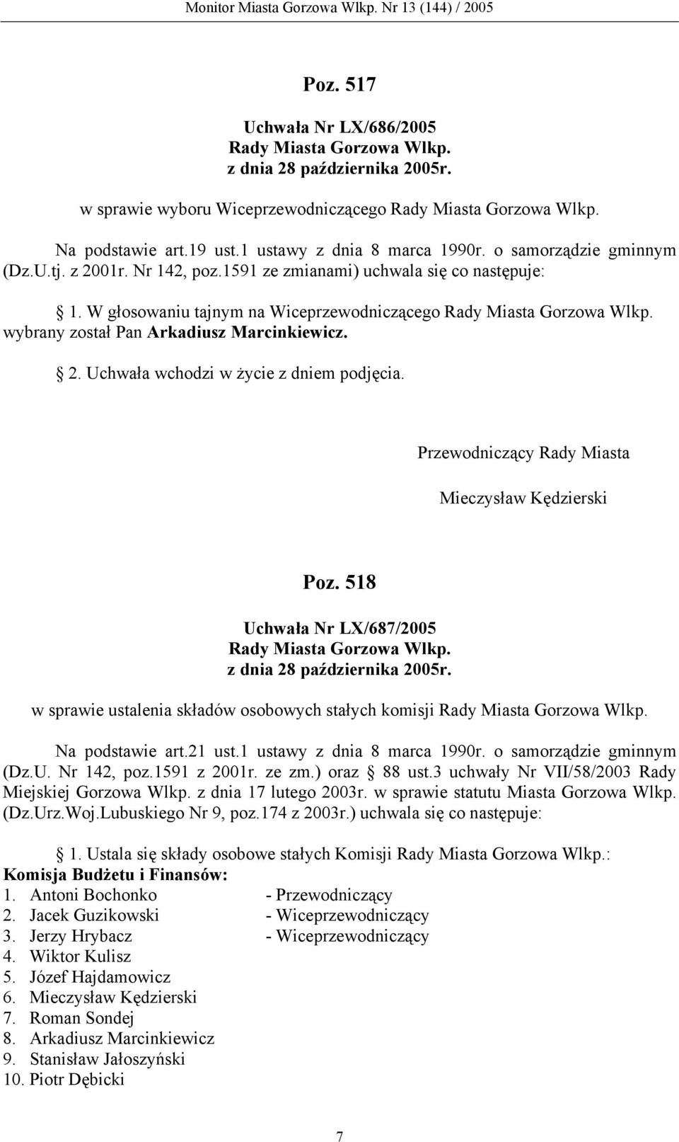 wybrany został Pan Arkadiusz Marcinkiewicz. 2. Uchwała wchodzi w życie z dniem podjęcia. Przewodniczący Rady Miasta Mieczysław Kędzierski Poz. 518 Uchwała Nr LX/687/2005 Rady Miasta Gorzowa Wlkp.