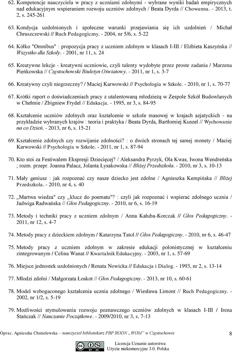 Kółko "Omnibus" : propozycja pracy z uczniem zdolnym w klasach I-III / Elżbieta Kaszyńska // Wszystko dla Szkoły. - 2001, nr 11, s. 24 65.