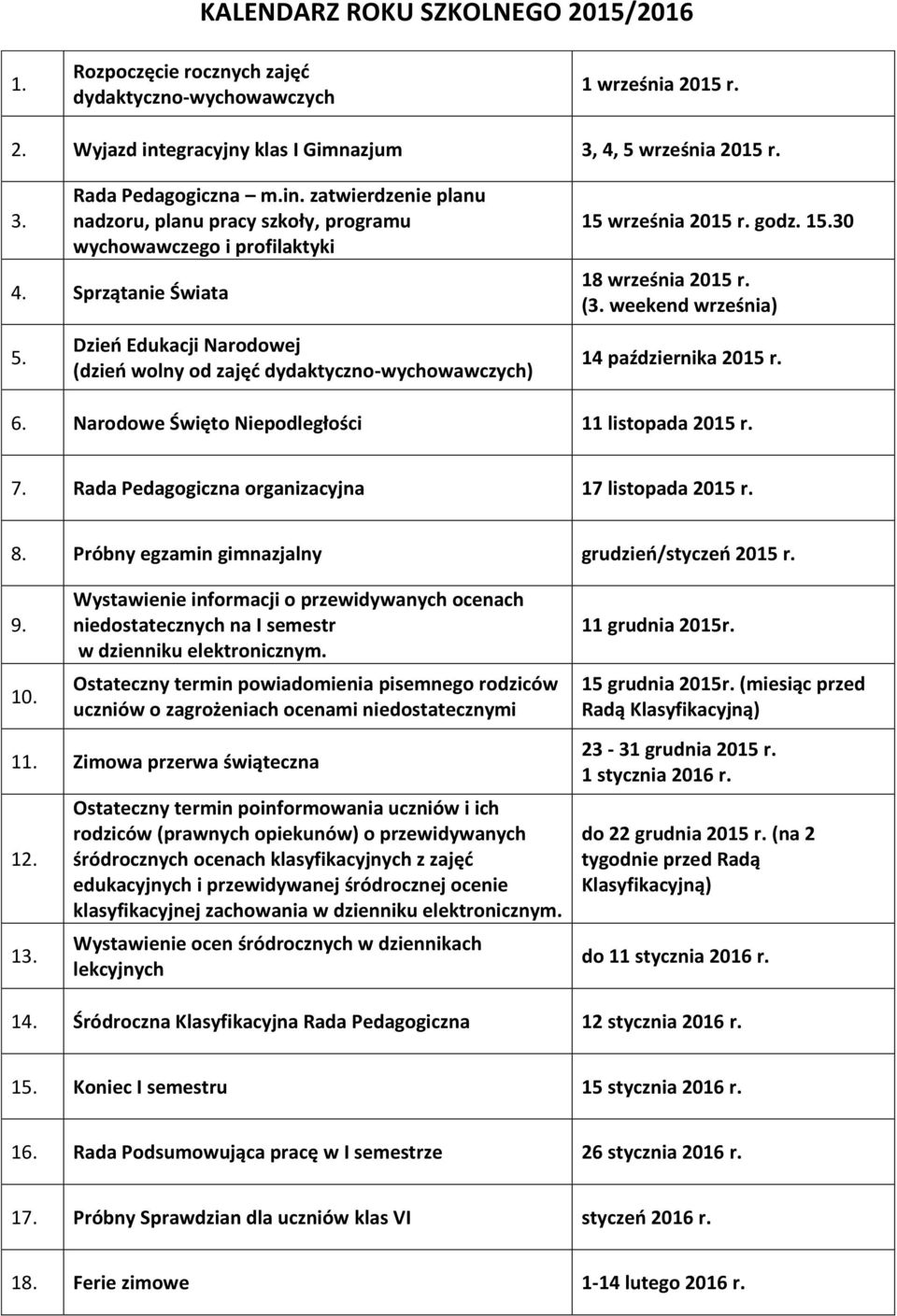Dzień Edukacji Narodowej (dzień wolny od zajęć dydaktyczno-wychowawczych) 15 września 2015 r. godz. 15.30 18 września 2015 r. (3. weekend września) 14 października 2015 r. 6.
