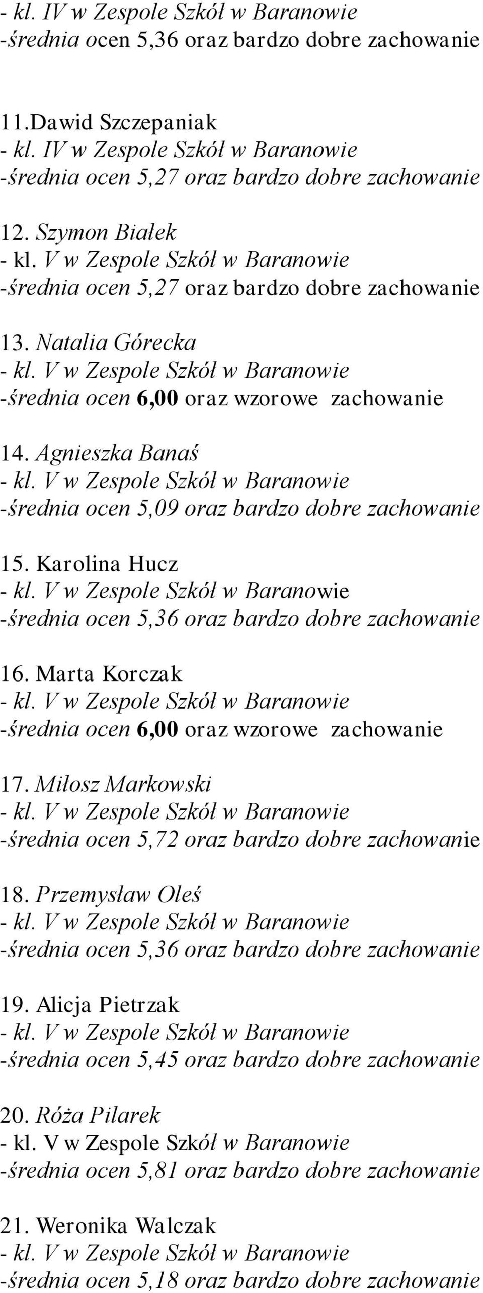 Karolina Hucz -średnia ocen 5,36 oraz bardzo dobre zachowanie 16. Marta Korczak -średnia ocen 6,00 oraz wzorowe zachowanie 17. Miłosz Markowski -średnia ocen 5,72 oraz bardzo dobre zachowanie 18.