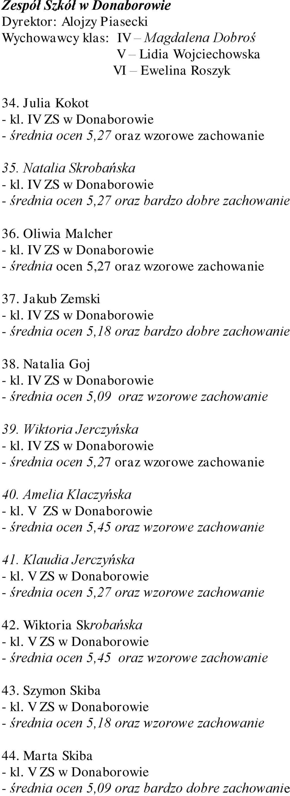 IV ZS w Donaborowie - średnia ocen 5,27 oraz wzorowe zachowanie 37. Jakub Zemski - kl. IV ZS w Donaborowie - średnia ocen 5,18 oraz bardzo dobre zachowanie 38. Natalia Goj - kl.