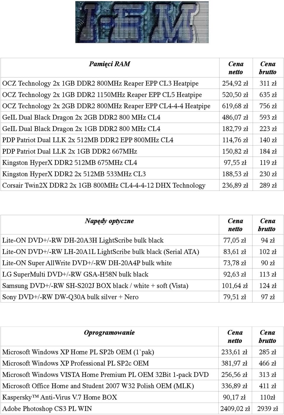 LLK 2x 512MB DDR2 EPP 800MHz CL4 114,76 zł 140 zł PDP Patriot Dual LLK 2x 1GB DDR2 667MHz 150,82 zł 184 zł Kingston HyperX DDR2 512MB 675MHz CL4 97,55 zł 119 zł Kingston HyperX DDR2 2x 512MB 533MHz