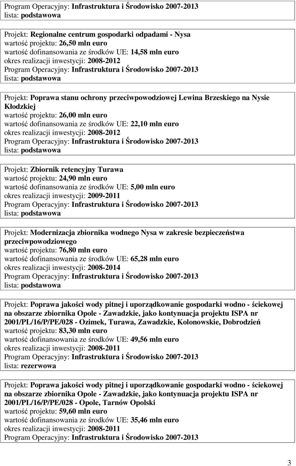 Projekt: Zbiornik retencyjny Turawa wartość projektu: 24,90 mln euro wartość dofinansowania ze środków UE: 5,00 mln euro okres realizacji inwestycji: 2009-2011 Projekt: Modernizacja zbiornika wodnego