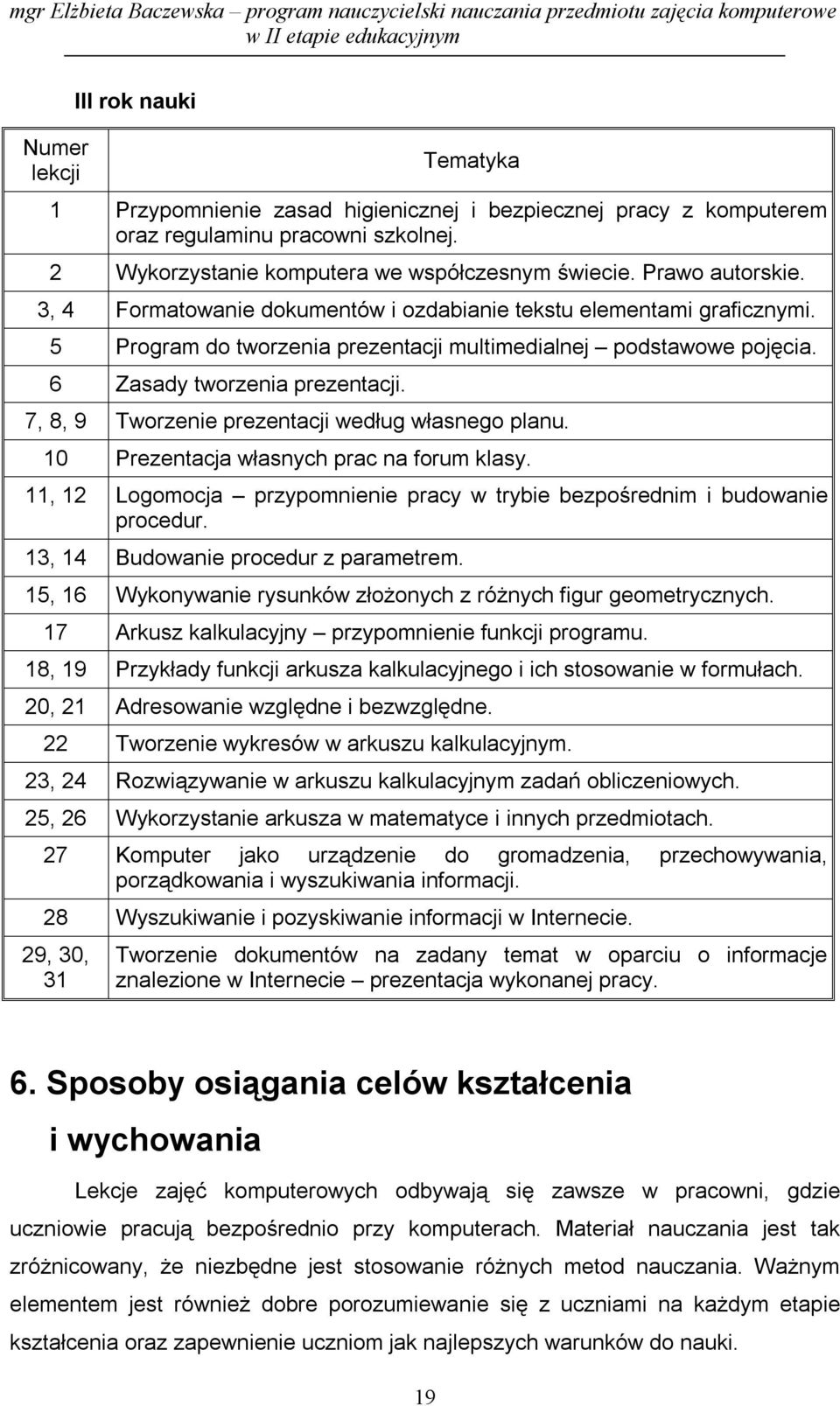 7, 8, 9 Tworzenie prezentacji według własnego planu. 10 Prezentacja własnych prac na forum klasy. 11, 12 Logomocja przypomnienie pracy w trybie bezpośrednim i budowanie procedur.