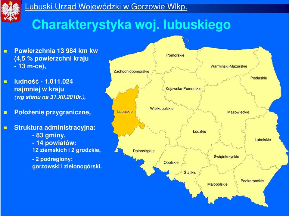 ludność - 1.011.024 najmniej w kraju (wg stanu na 31.XII.2010r.