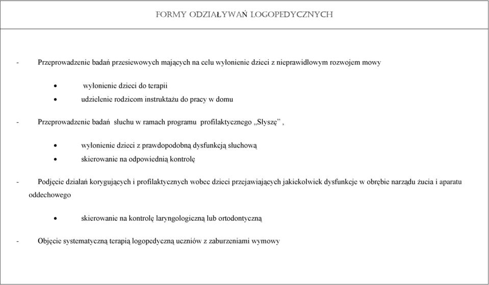 dysfunkcją słuchową skierowanie na odpowiednią kontrolę - Podjęcie działań korygujących i profilaktycznych wobec dzieci przejawiających jakiekolwiek dysfunkcje w