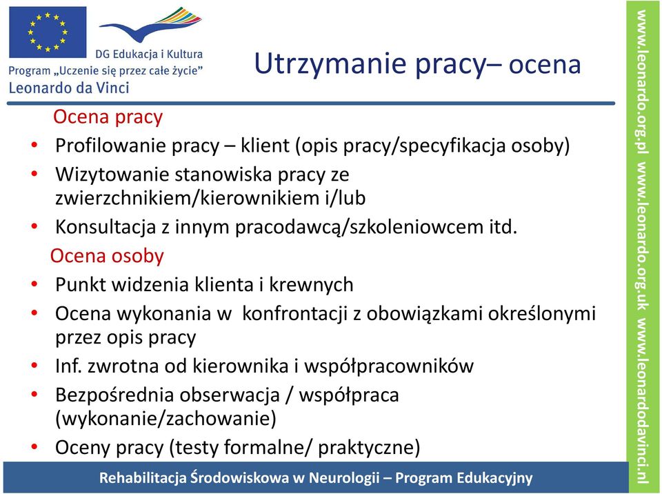 Ocena osoby Punkt widzenia klienta i krewnych Ocena wykonania w konfrontacji z obowiązkami określonymi przez opis