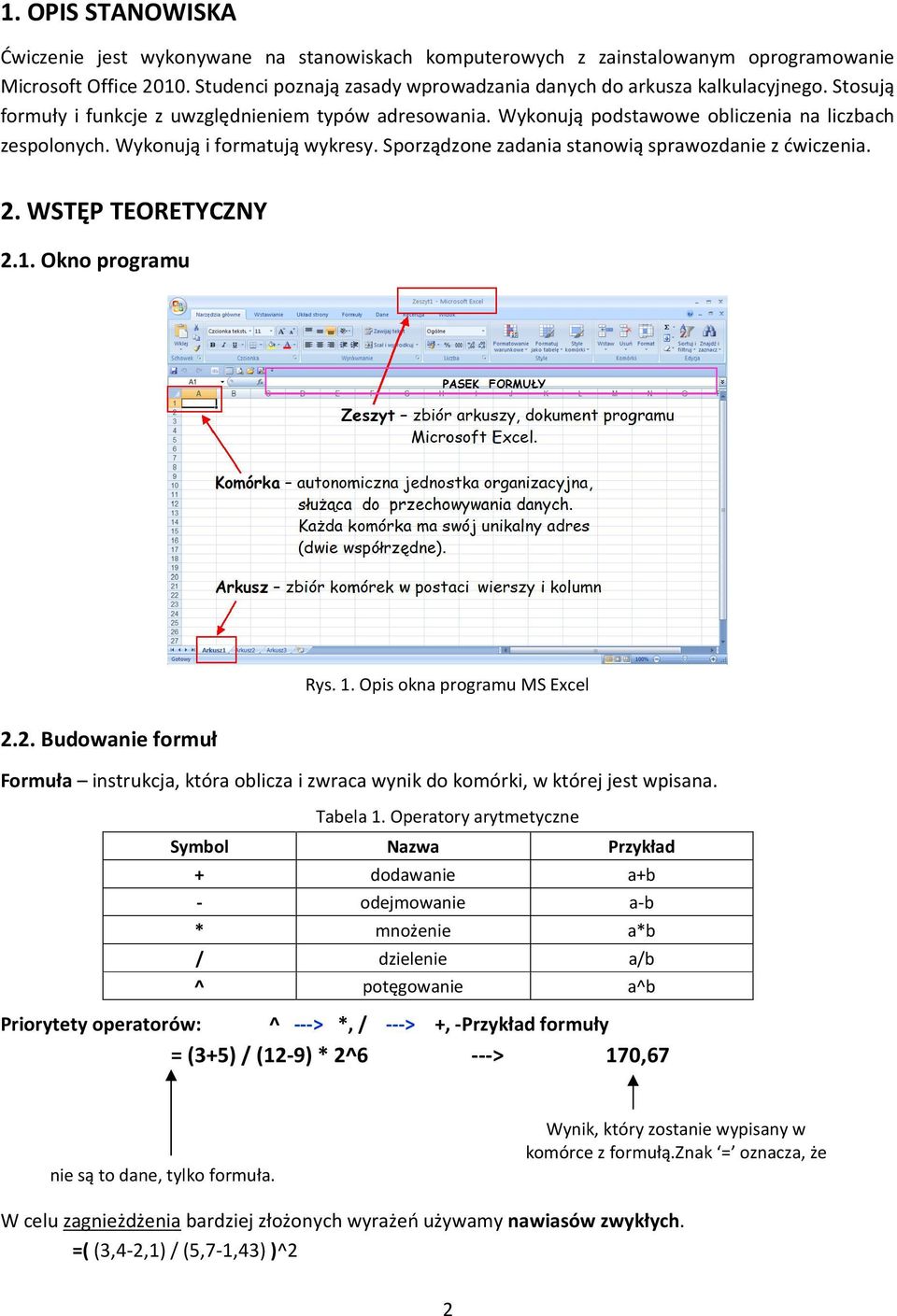 Sporządzone zadania stanowią sprawozdanie z ćwiczenia. 2. WSTĘP TEORETYCZNY 2.1. Okno programu Rys. 1. Opis okna programu MS Excel 2.2. Budowanie formuł Formuła instrukcja, która oblicza i zwraca wynik do komórki, w której jest wpisana.