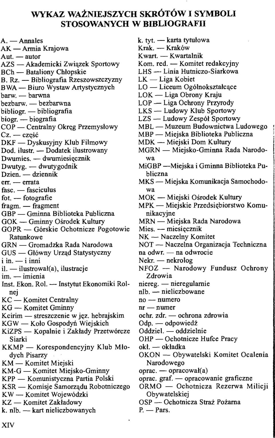 - czqsc DKF - Dyskusyjny Klub Filmowy Dod. ilustr. - Dodatek ilustrowany Dwumies. - dwumiesigcznik Dwutyg. - dwutygodnik Dzien. - dziennik en: - errata fasc. - fasciculus fot. - fotografie fragm.