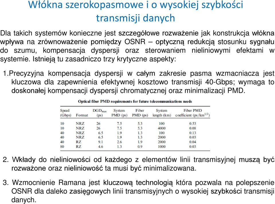 Precyzyjna kompensacja dyspersji w całym zakresie pasma wzmacniacza jest kluczowa dla zapewnienia efektywnej kosztowo transmisji 40-Gbps; wymaga to doskonałej kompensacji dyspersji chromatycznej oraz