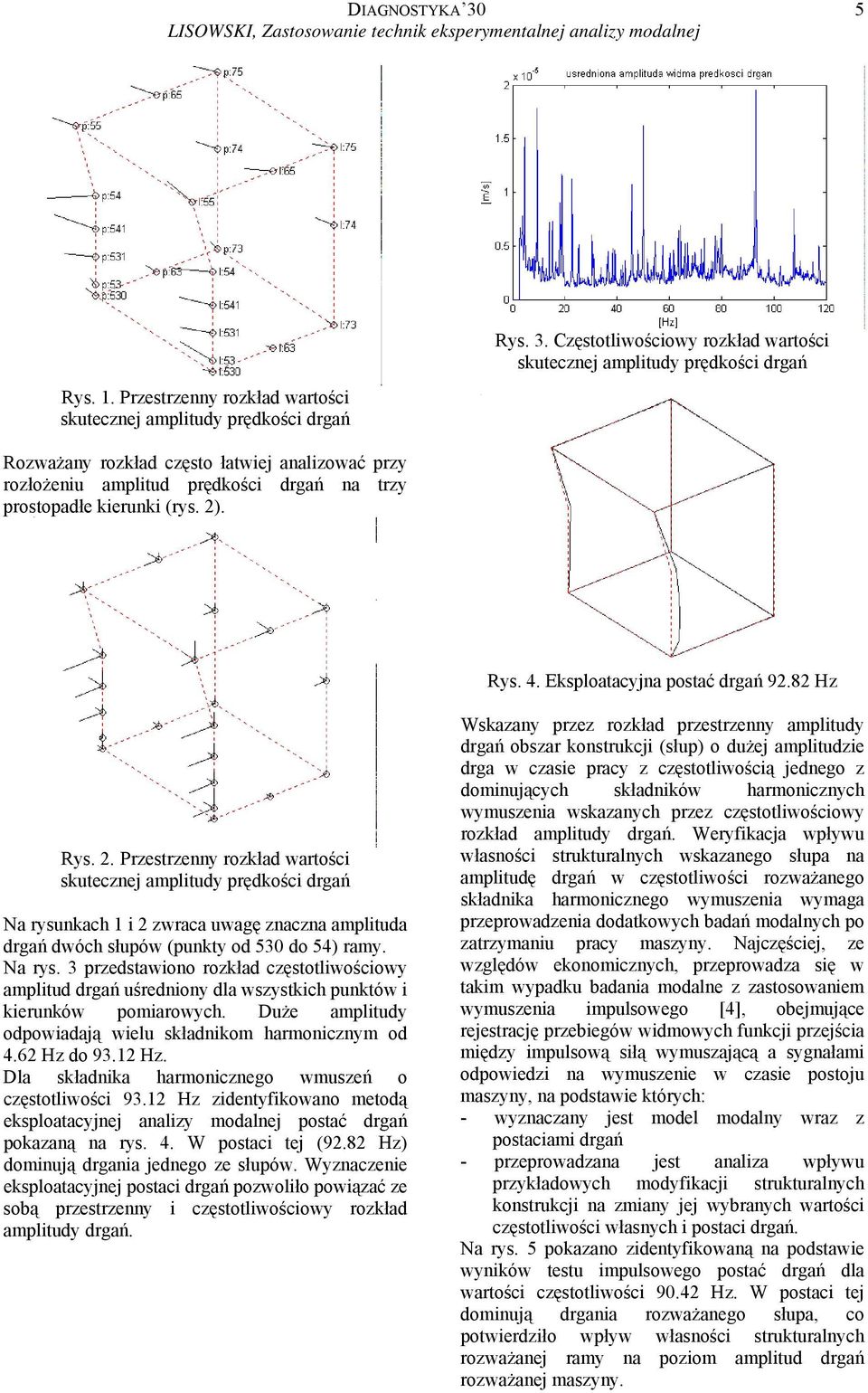 Eksploatacyjna postać drgań 9.8 Hz Rys.. Przestrzenny rozkład wartości skutecznej amplitudy prędkości drgań Na rysunkach i zwraca uwagę znaczna amplituda drgań dwóch słupów (punkty od 53 do 54) ramy.