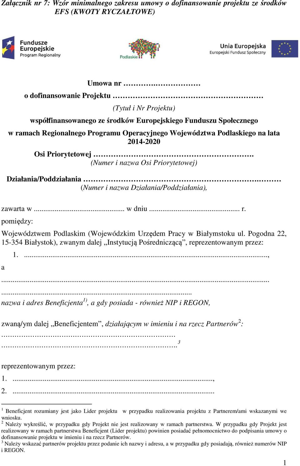 Osi Priorytetowej. (Numer i nazwa Osi Priorytetowej) Działania/Poddziałania. (Numer i nazwa Działania/Poddziałania), zawarta w... w dniu... r.