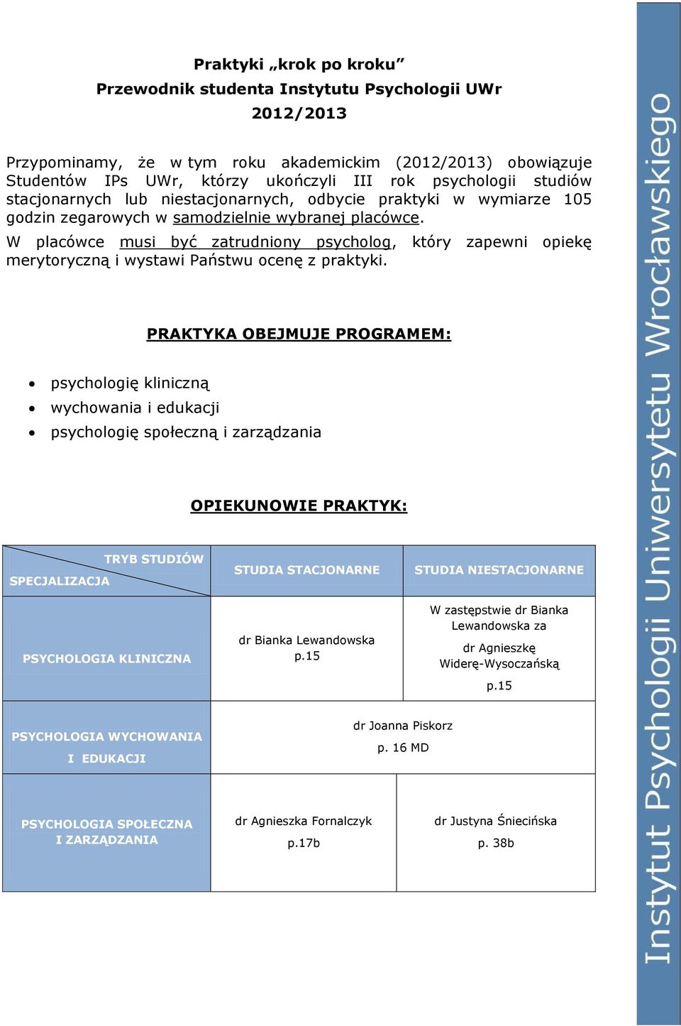 W placówce musi być zatrudniony psycholog, który zapewni opiekę merytoryczną i wystawi Państwu ocenę z praktyki.