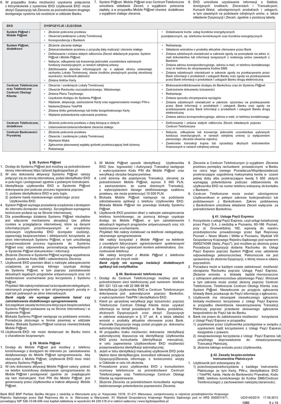 System Pl@net, Mobile Pl@net oraz Centrum Telefoniczne umożliwia składanie Zleceń, z wyjątkiem polecenia zapłaty, a w przypadku Mobile Pl@net również dodatkowo z wyjątkiem stałego zlecenia. 8.