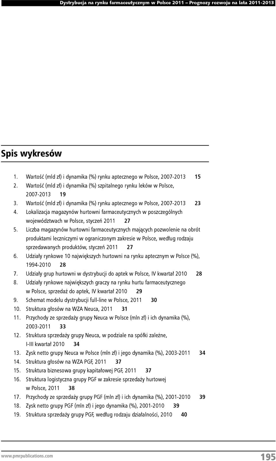 w Polsce, 2007-2013 23 Lokalizacja magazynów hurtowni farmaceutycznych w poszczególnych województwach w Polsce, styczeń 2011 27 Liczba magazynów hurtowni farmaceutycznych mających pozwolenie na obrót