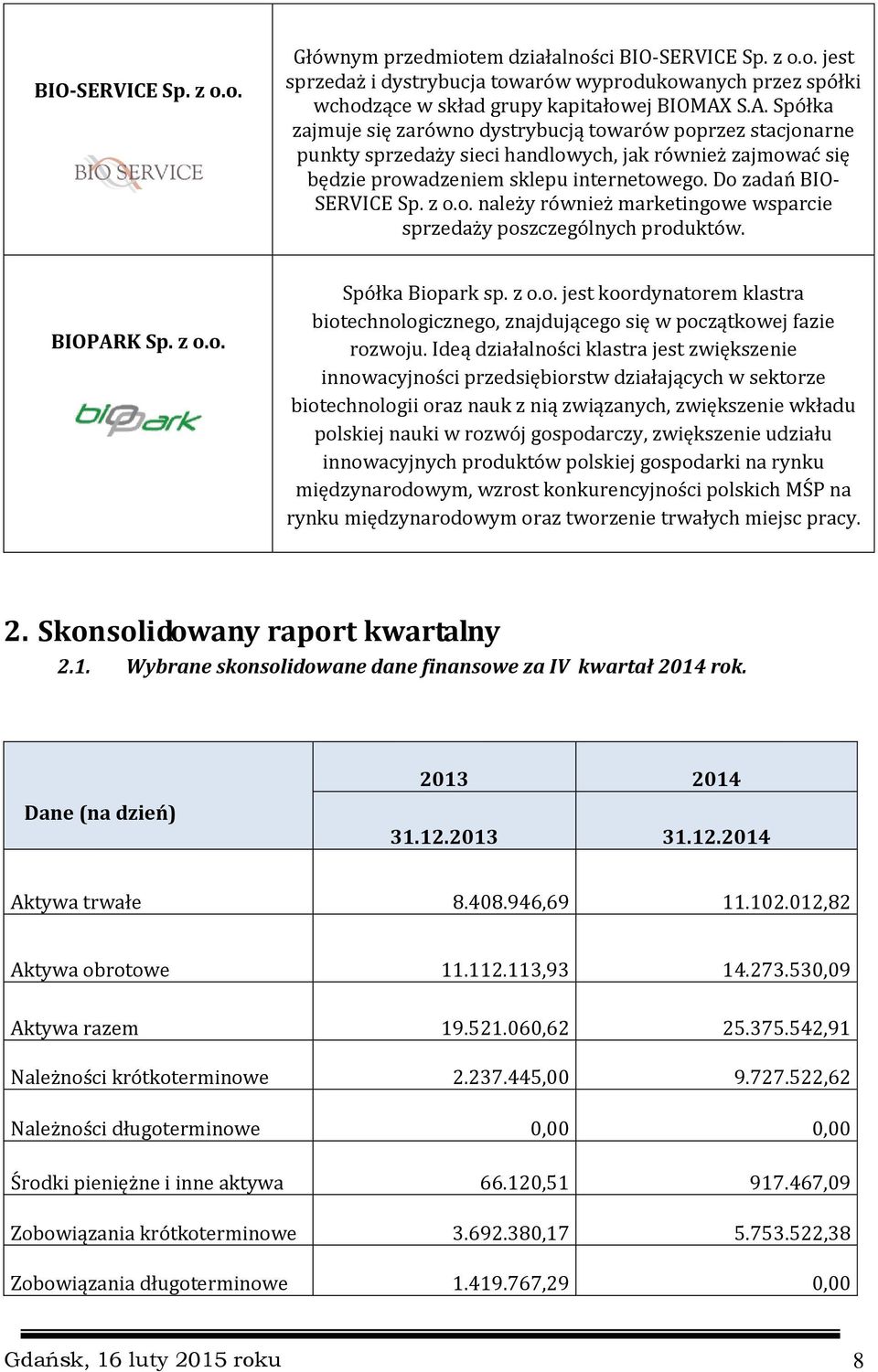 z o.o. należy również marketingowe wsparcie sprzedaży poszczególnych produktów. BIOPARK Sp. z o.o. Spółka Biopark sp. z o.o. jest koordynatorem klastra biotechnologicznego, znajdującego się w początkowej fazie rozwoju.