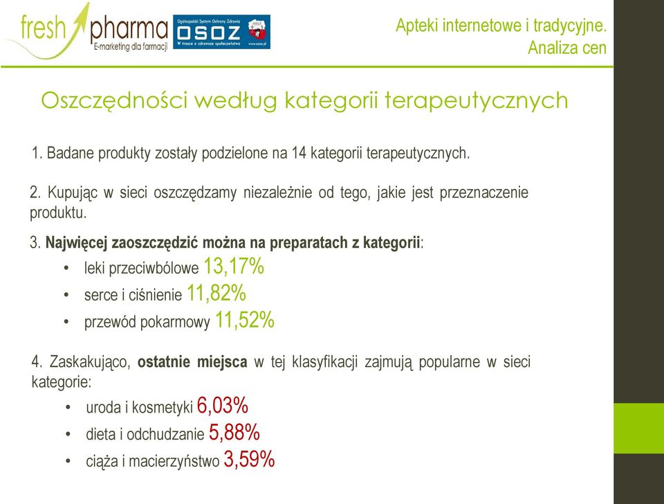 Najwięcej zaoszczędzić można na preparatach z kategorii: leki przeciwbólowe 13,17% serce i ciśnienie 11,82% przewód pokarmowy