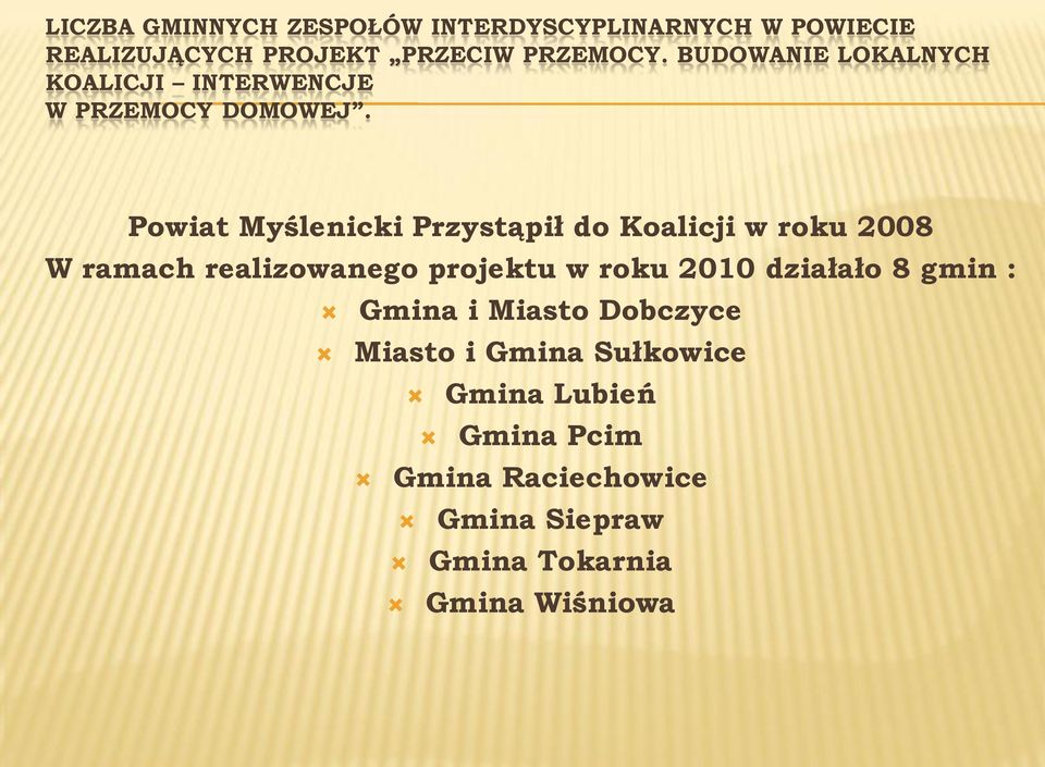 Powiat Myślenicki Przystąpił do Koalicji w roku 2008 W ramach realizowanego projektu w roku 2010