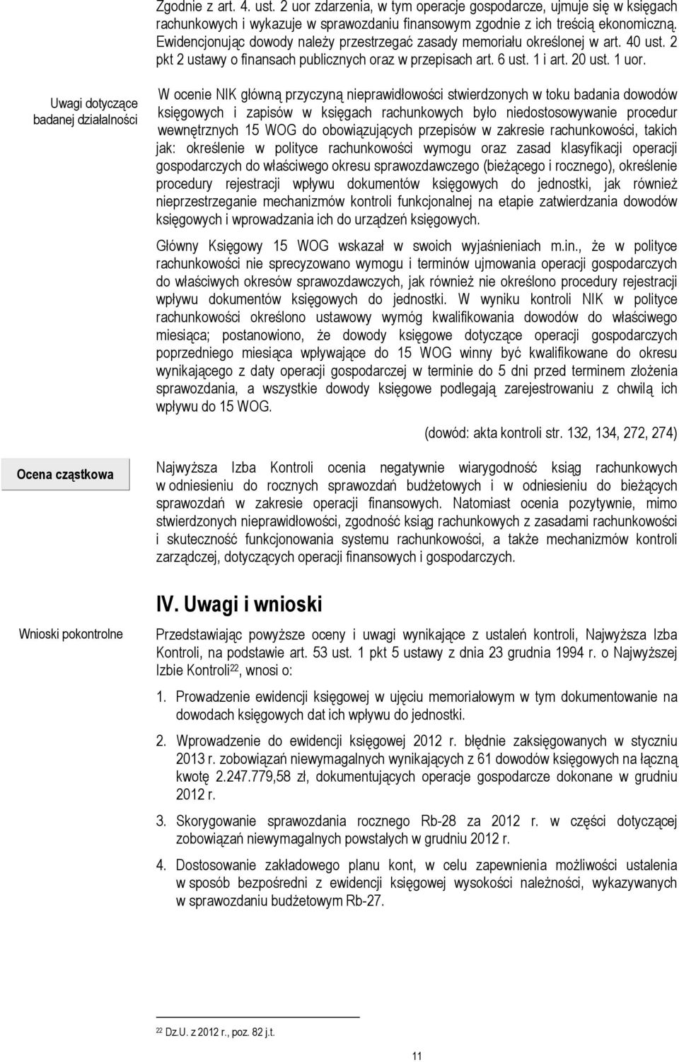 Uwagi dotyczące badanej działalności Ocena cząstkowa Wnioski pokontrolne W ocenie NIK główną przyczyną nieprawidłowości stwierdzonych w toku badania dowodów księgowych i zapisów w księgach