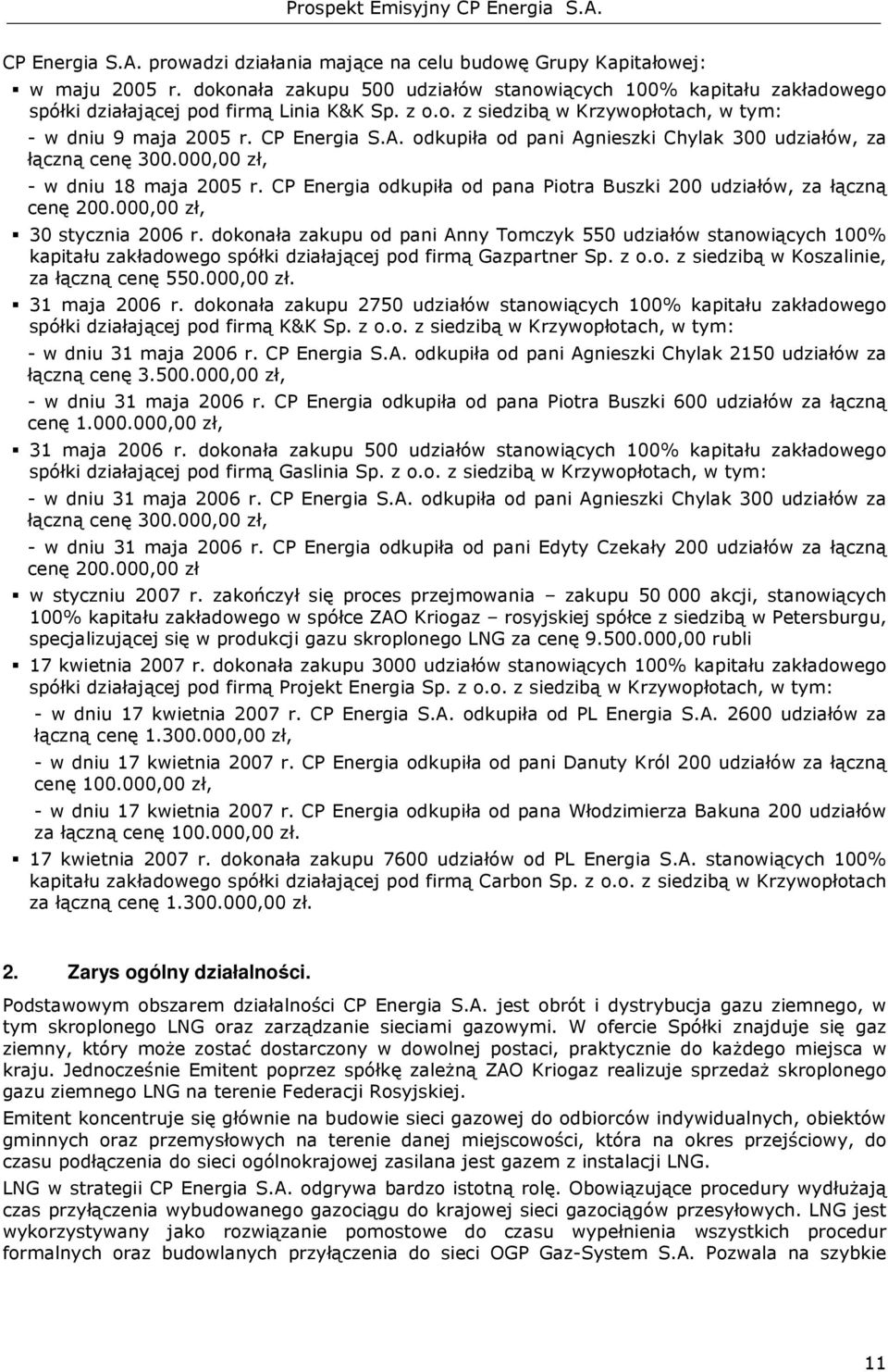 odkupiła od pani Agnieszki Chylak 300 udziałów, za łączną cenę 300.000,00 zł, - w dniu 18 maja 2005 r. CP Energia odkupiła od pana Piotra Buszki 200 udziałów, za łączną cenę 200.