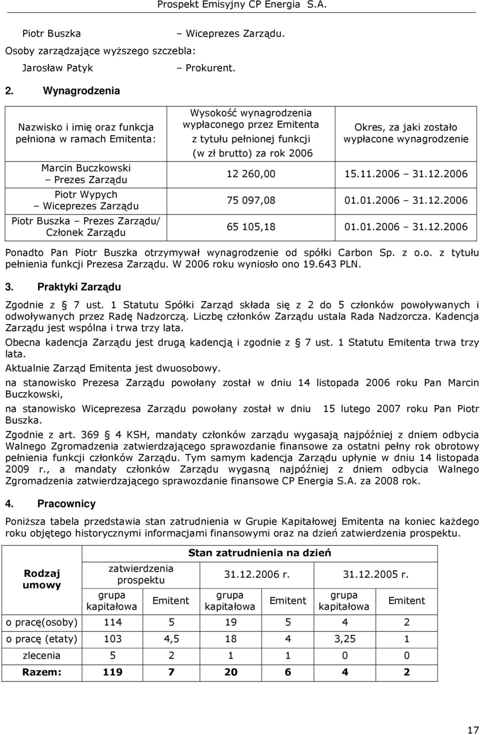 wynagrodzenia wypłaconego przez Emitenta z tytułu pełnionej funkcji (w zł brutto) za rok 2006 Okres, za jaki zostało wypłacone wynagrodzenie 12 260,00 15.11.2006 31.12.2006 75 097,08 01.01.2006 31.12.2006 65 105,18 01.