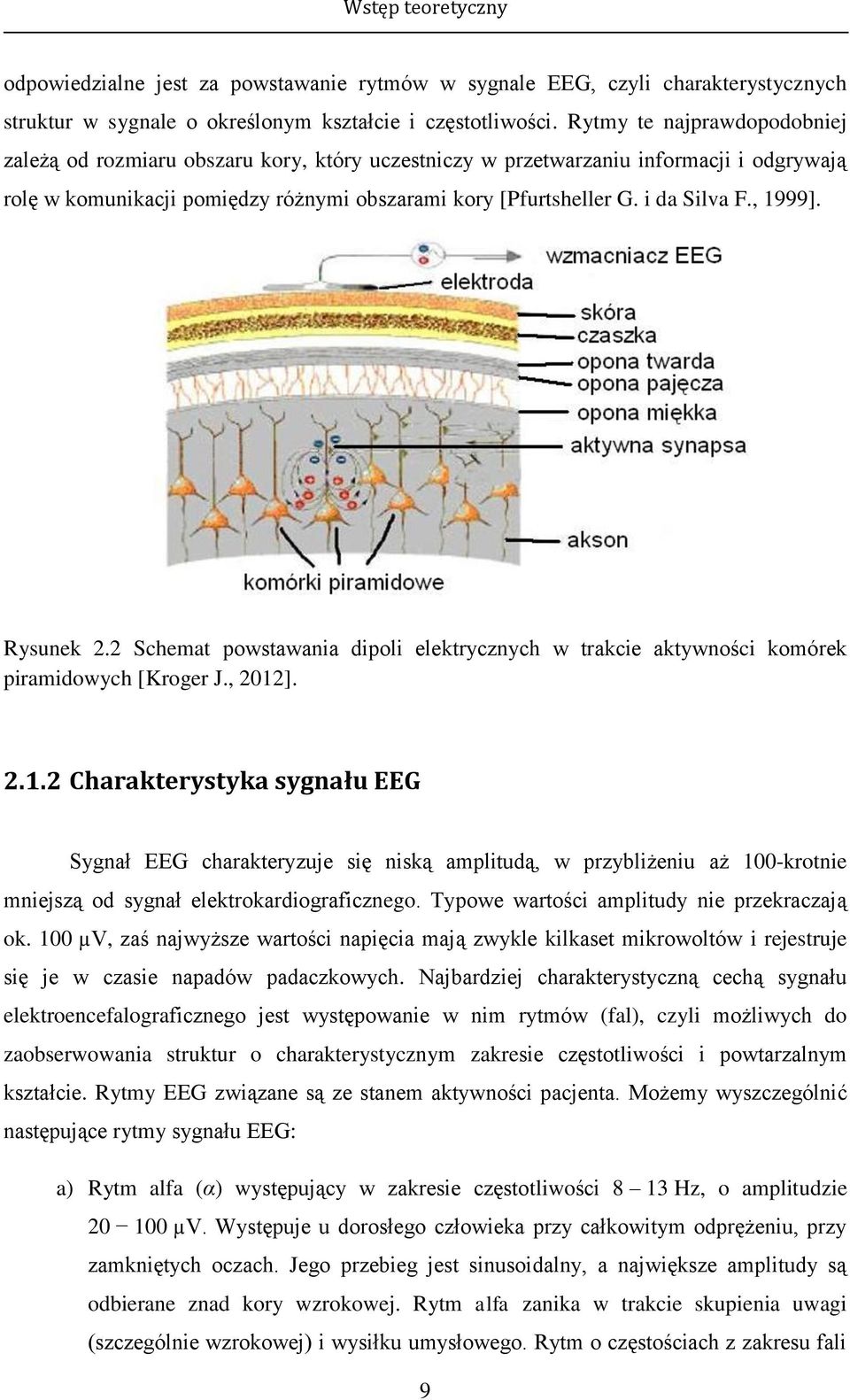 , 1999]. Rysunek 2.2 Schemat powstawania dipoli elektrycznych w trakcie aktywności komórek piramidowych [Kroger J., 2012]. 2.1.2 Charakterystyka sygnału EEG Sygnał EEG charakteryzuje się niską amplitudą, w przybliżeniu aż 100-krotnie mniejszą od sygnał elektrokardiograficznego.